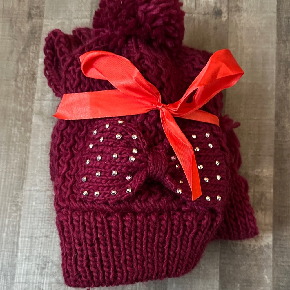 Burgundy Knit Kids Hat with Bow